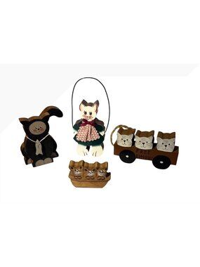 Set Of 4 Handcrafted Wooden Cat Figurines With Rustic Charm & Painted Details